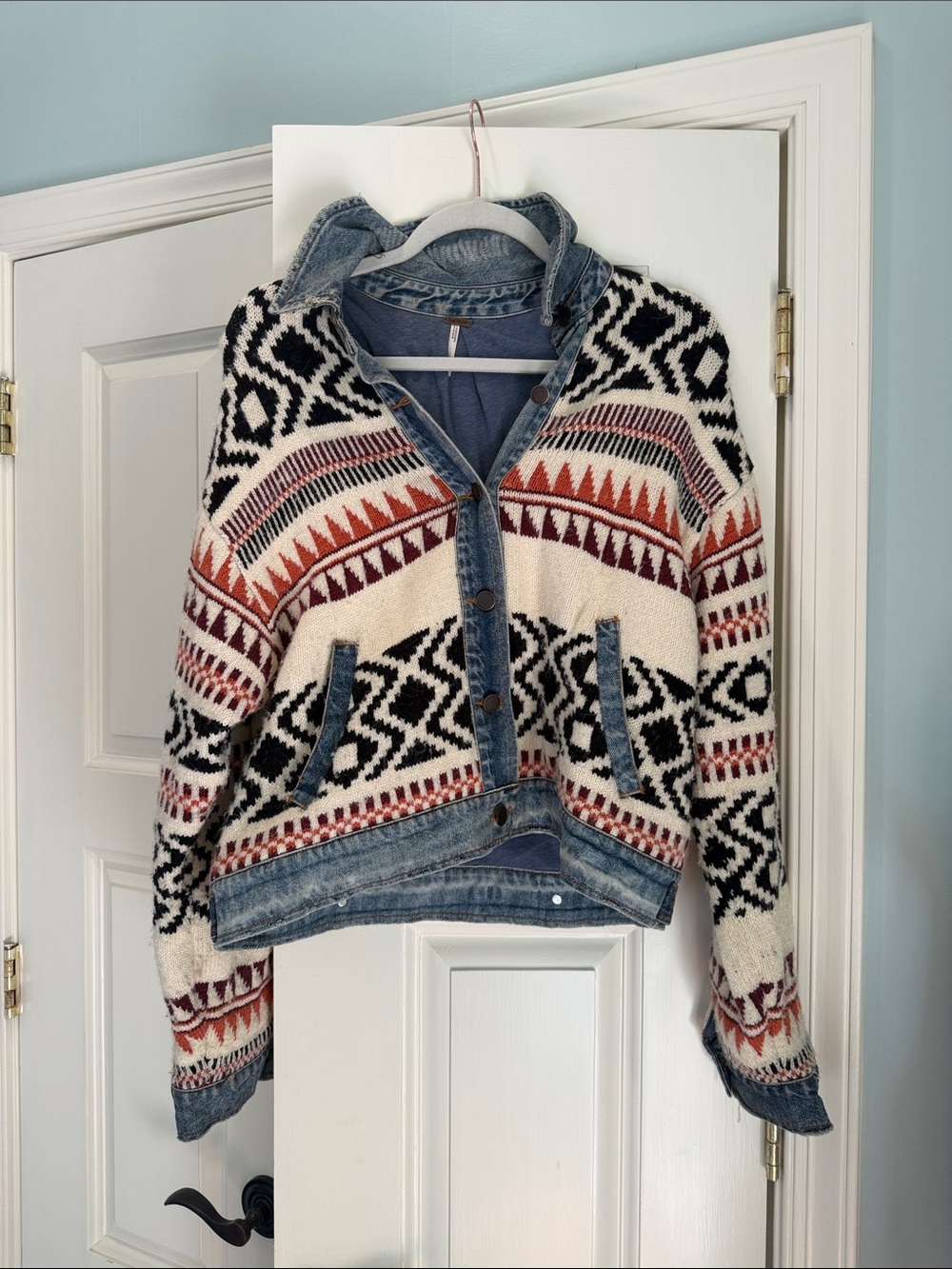 Women's Aztec Knit Button-Denim Jacket- Ivory, Black & Rust